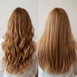 two pictures side by side of a woman with long, wavy hair