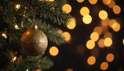 a shiny golden bauble hangs from the tree