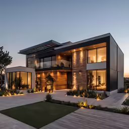 modern house with wooden decking and large windows