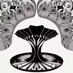 a decorative image of an intricate tree with leaves and flowers,a black and white drawing with feathers on it