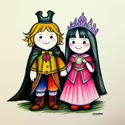 two dolls dressed in fancy costumes stand next to each other,a drawing of two people dressed up as princesses
