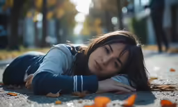 a woman laying on the ground with her head down