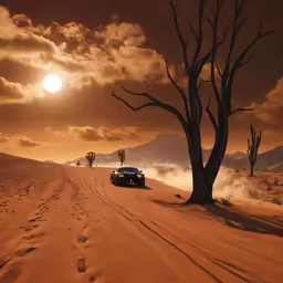 a suv driving down a sandy road next to a desert