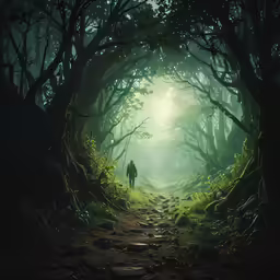 a dark forest is shown with a man standing in the middle