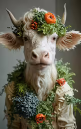 a close up of a face of a goat with flowers on its head