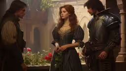 two men and one woman in costumes talking,two men and a woman stand next to each other