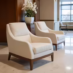 there are two chairs sitting on the marble floor