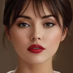 a woman with red lipstick looks into the camera