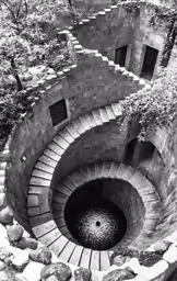 a black and white photo of a stairs with windows
