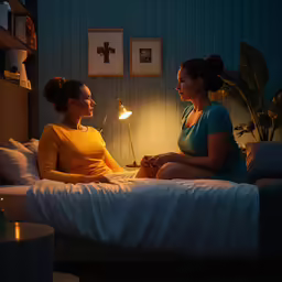 a beautiful young woman sitting on top of a bed