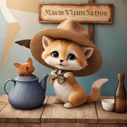 a painting of a cute little kitten with a hat