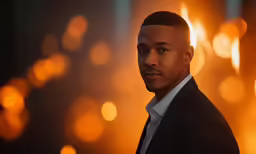 the man wearing a suit looks seriously at the camera