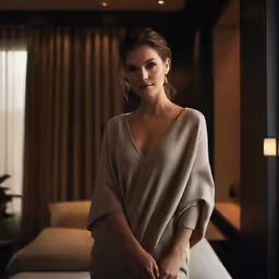 a woman in a tan shirt is standing in a dark room