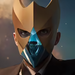 the face of a man with blue eyes and a gold mask