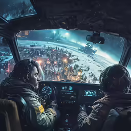 two men sitting in the cockpit of a jet in a city