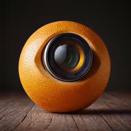 a camera lens sitting in an orange that is on the table