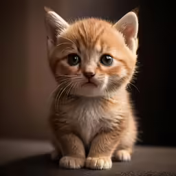 a kitten sitting on top of a bed next to the camera