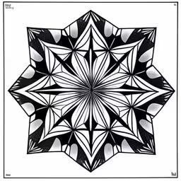 an artistic design using geometric shapes to create a flower,a pattern in black and white that looks like a star,a drawing of a star shaped object,a black and white drawing of an inverted star,an art print with the black and white photo of a star