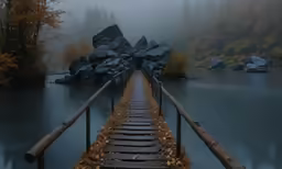 the boardwalk has steps leading to a large body of water