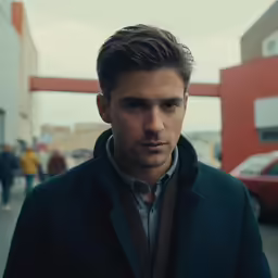 a man standing next to some cars and people