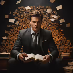 a young man in a suit sitting and holding open an open book