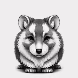 a pencil drawing of a raccoon, sitting with a white background