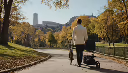 a man pulling a stroller down the street in front of trees