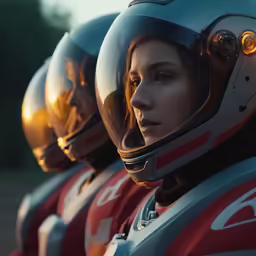 a group of people wearing helmets while standing next to each other