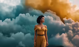 a woman with dark hair and a yellow dress standing in front of some clouds