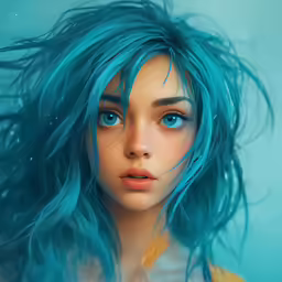 a portrait of a woman with long, light blue hair