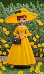 a doll is dressed in yellow and holding a purse