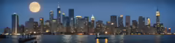 the city in the distance with the moon and stars shining