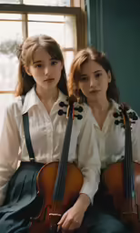 two women dressed in dresses playing violins