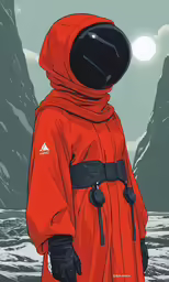 an astronaut stands near the water wearing a red jacket
