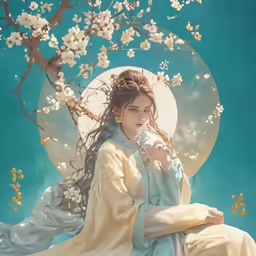 a painting of a young woman dressed in blue sits on a branch of a tree