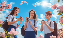 three beautiful women standing by flowers with their phones