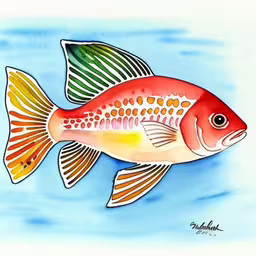 a red fish with black and yellow stripes is watercolng,a very pretty red and yellow fish in blue water