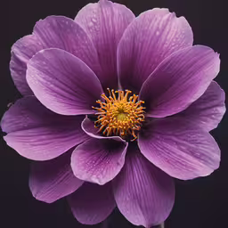 a large purple flower with drops of water,a purple flower with yellow center blooming from the center