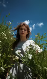 a girl in white is walking through the grass