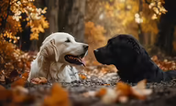 two dogs are laying in the leaves while looking at each other