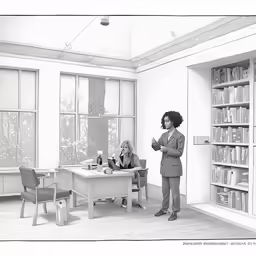 the woman stands before a student talking to her