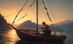man in hat standing on sailing boat in sea during sunset,the man is repairing his small boat in the water
