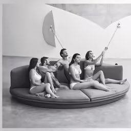 several women sitting on a couch with a man in the background