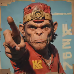 a monkey dressed like a human being with peace and victory signs