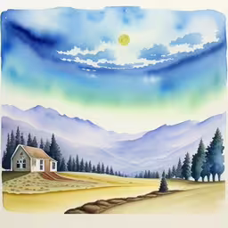 a painting of a countryside with mountains and a house,an art print of a country house