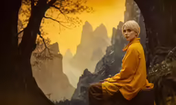 a woman in yellow sitting in front of a mountain