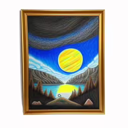 a painting on a wall with a moon over a lake