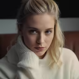 a woman sitting down and wearing a white sweater