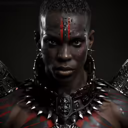 a dark skinned man in chains and armor with red streaks on his face