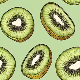 a drawing of sliced kiwi is featured on a green background